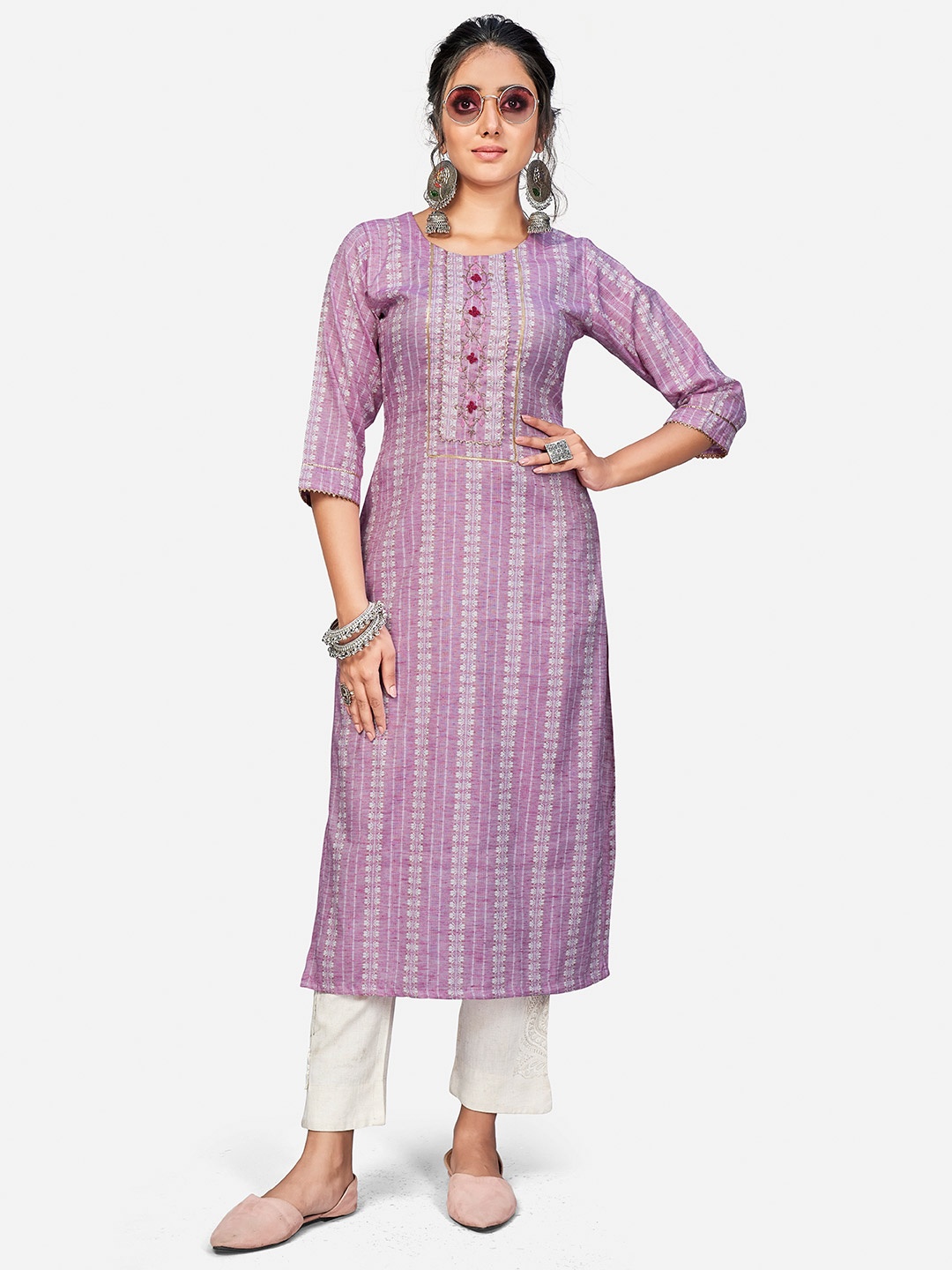 

Vbuyz Women Mauve Printed Gotta Patti Cotton Kurta