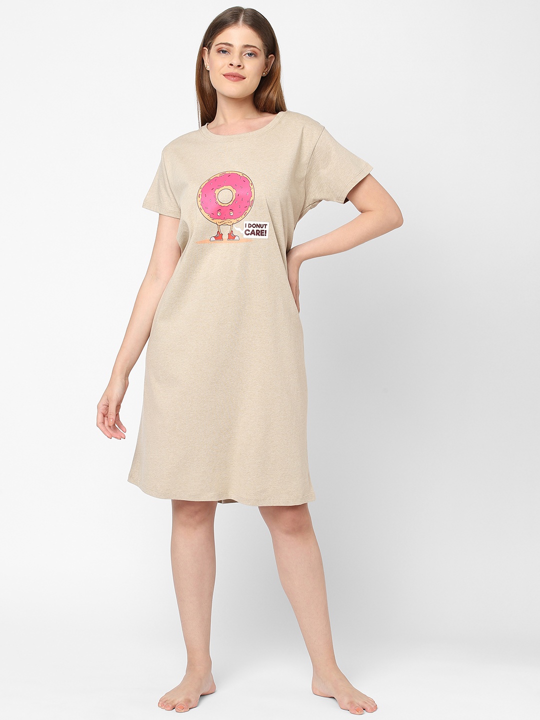 

Inner Sense Beige Printed Organic Cotton T-Shirt Nightdress