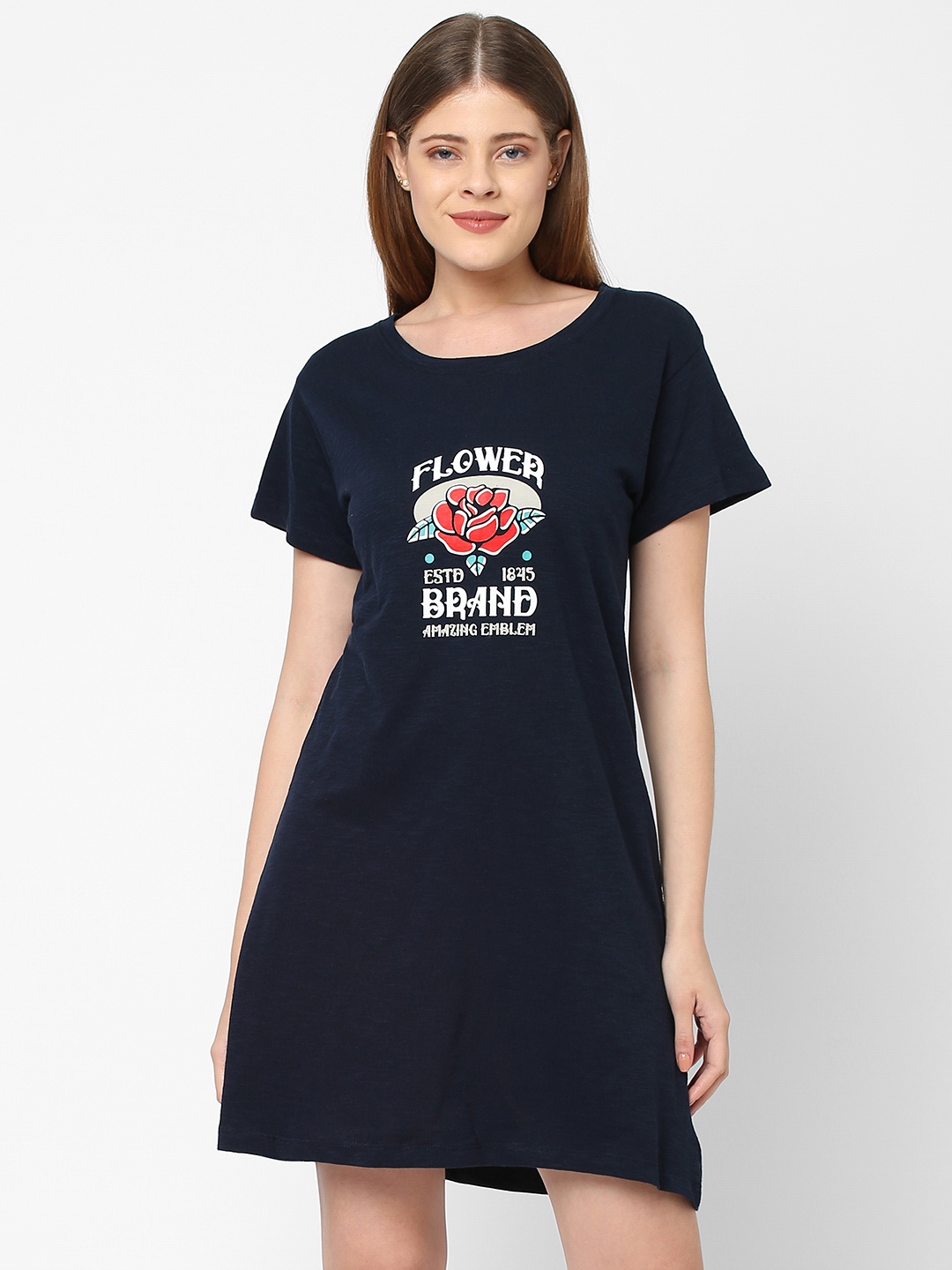 

Inner Sense Navy Blue Printed Nightdress