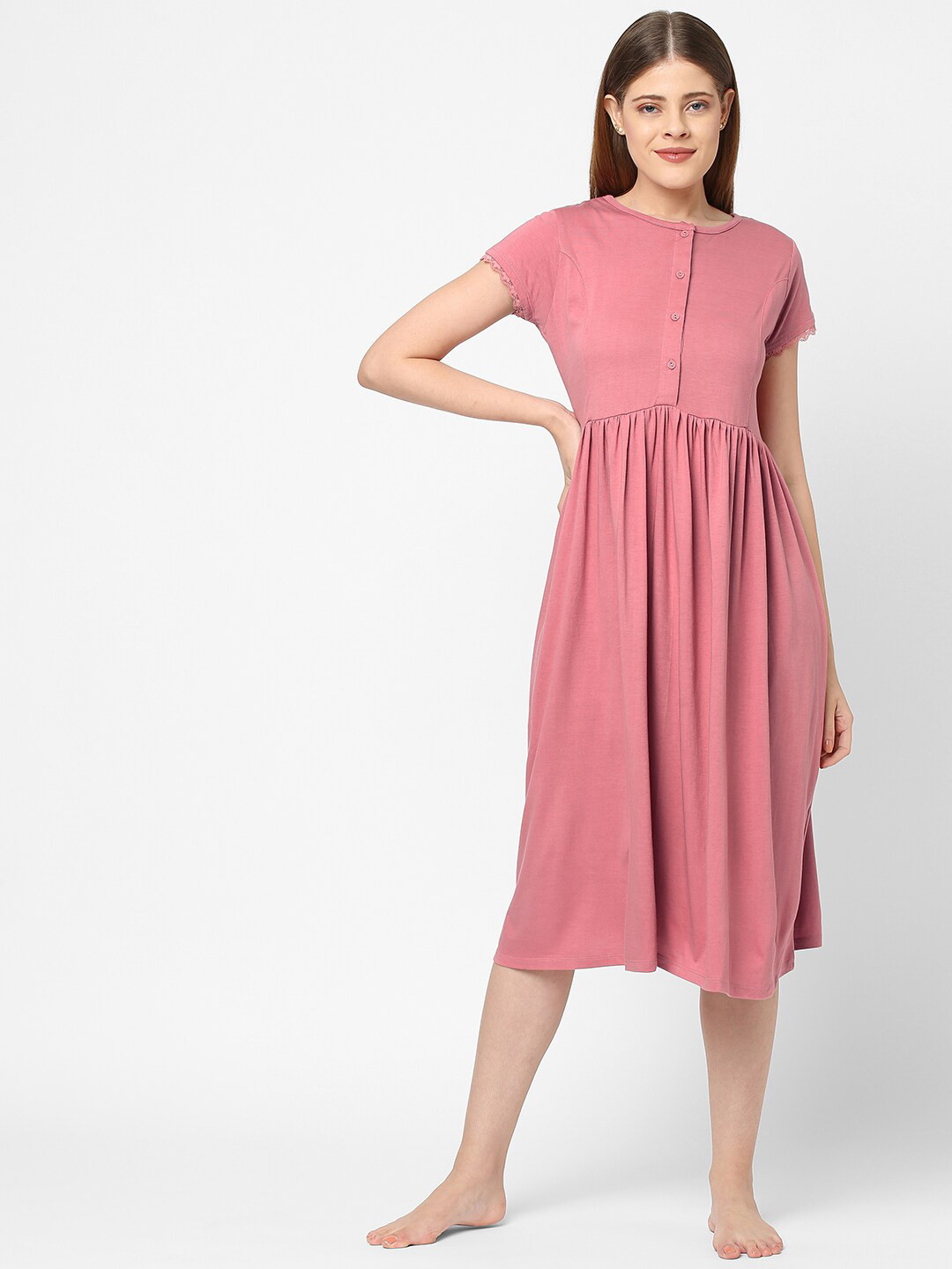 

Inner Sense Rose Buttoned Pleated Knee-length Nightdress