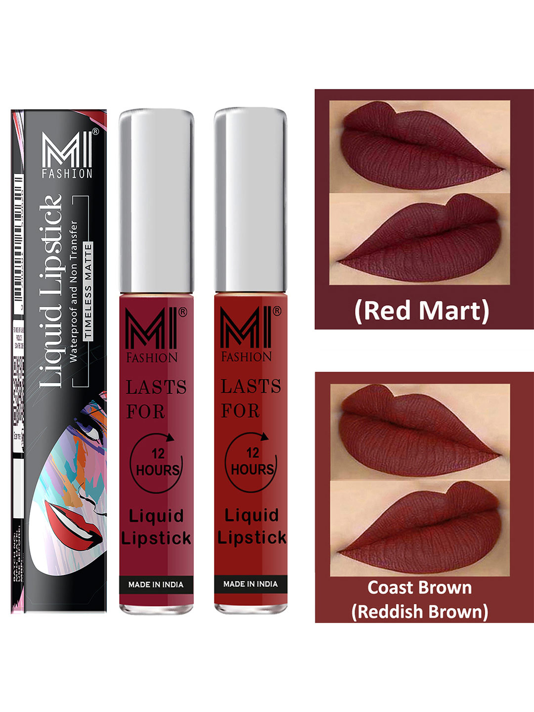 

MI FASHION Set of 2 Smudge Free Matte Finish Moisturizing Liquid Lipstick - Red & Brown