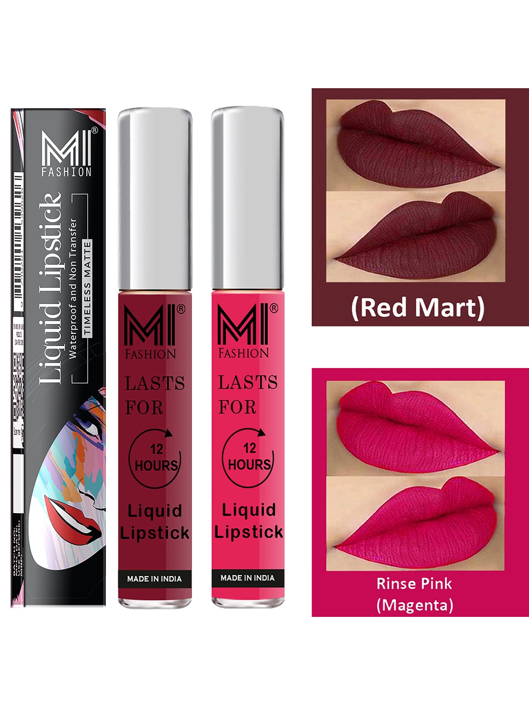 

MI FASHION Set of 2 Smudge Free Matte Finish Moisturizing Liquid Lipstick - Red & Pink