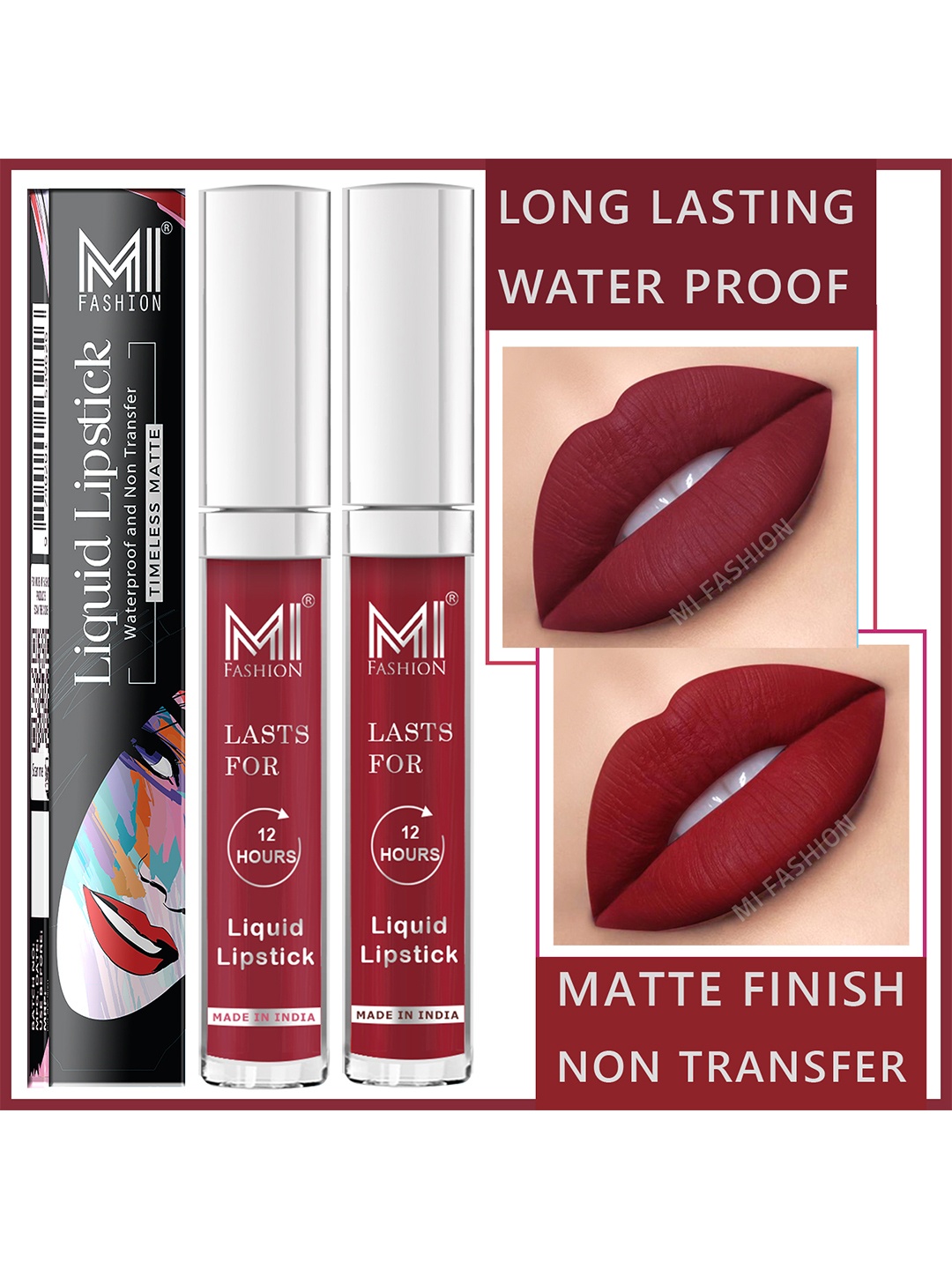 

MI FASHION Set of 2 Smudge Free Matte Finish Moisturizing Liquid Lipstick - Red