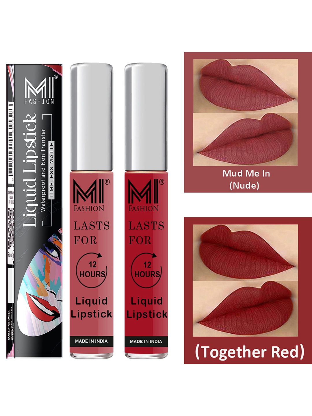 

MI FASHION Set of 2 Smudge Free Matte Finish Moisturizing Liquid Lipstick - Nude & Red