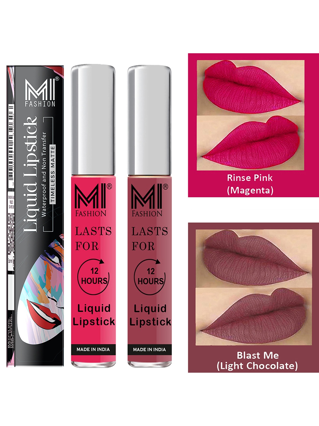 

MI FASHION Set of 2 Smudge Free Matte Finish Moisturizing Liquid Lipstick - Pink & Nude