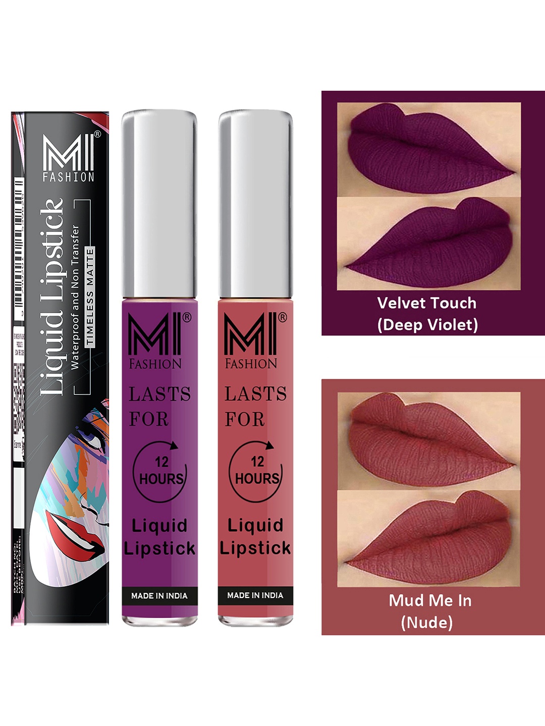 

MI FASHION Set of 2 Smudge Free Matte Finish Moisturizing Liquid Lipstick - Purple & Nude