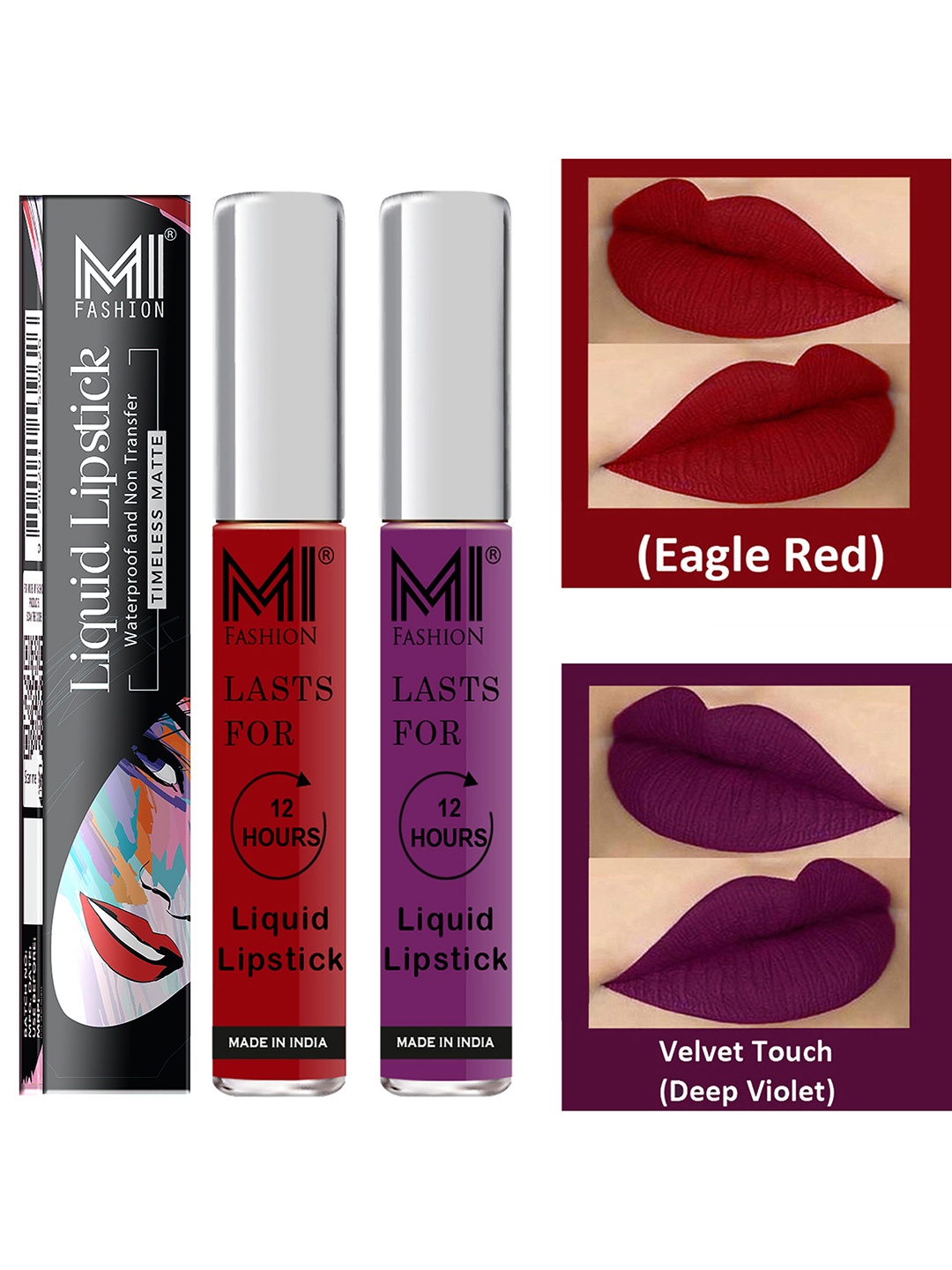 

MI FASHION Set of 2 Smudge Free Matte Finish Moisturizing Liquid Lipstick - Purple & Red