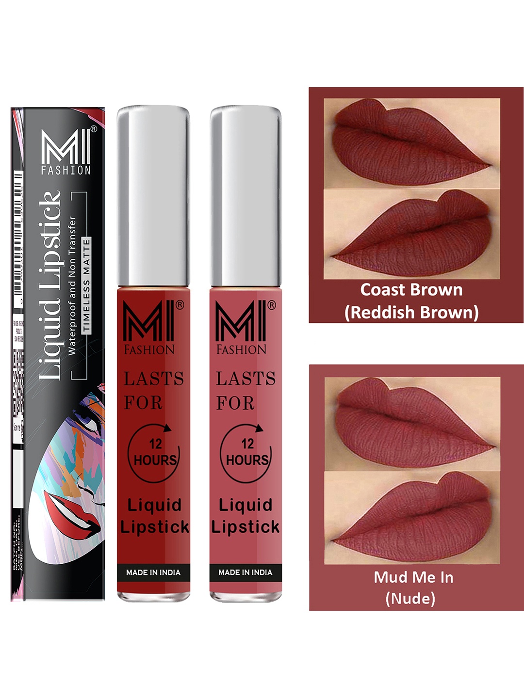 

MI FASHION Set of 2 Smudge Free Matte Finish Moisturizing Liquid Lipstick - Brown & Nude