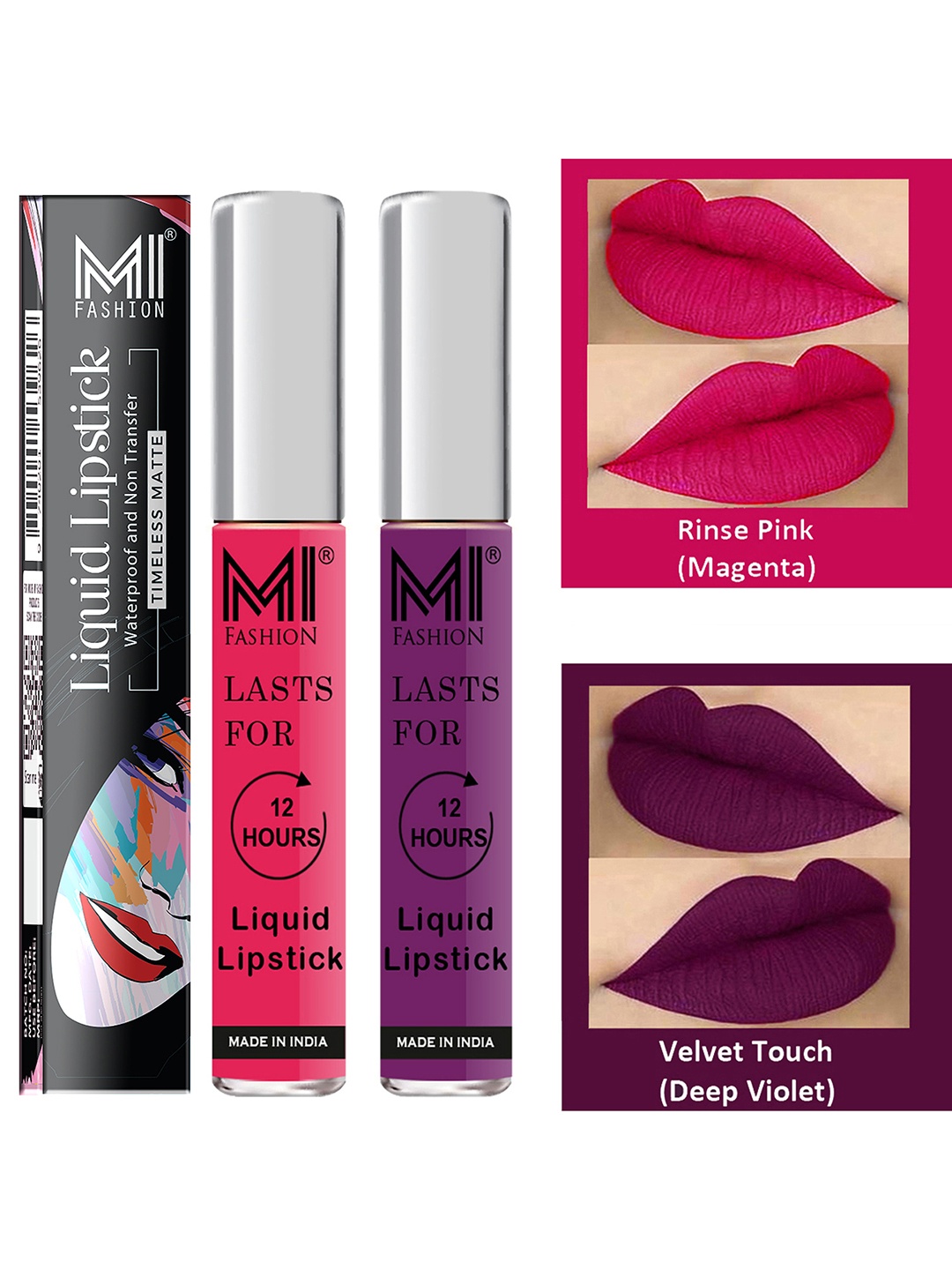 

MI FASHION Set of 2 Liquid Lipstick Smudge Free Matte Keeps Moisturize - Pink & Purple