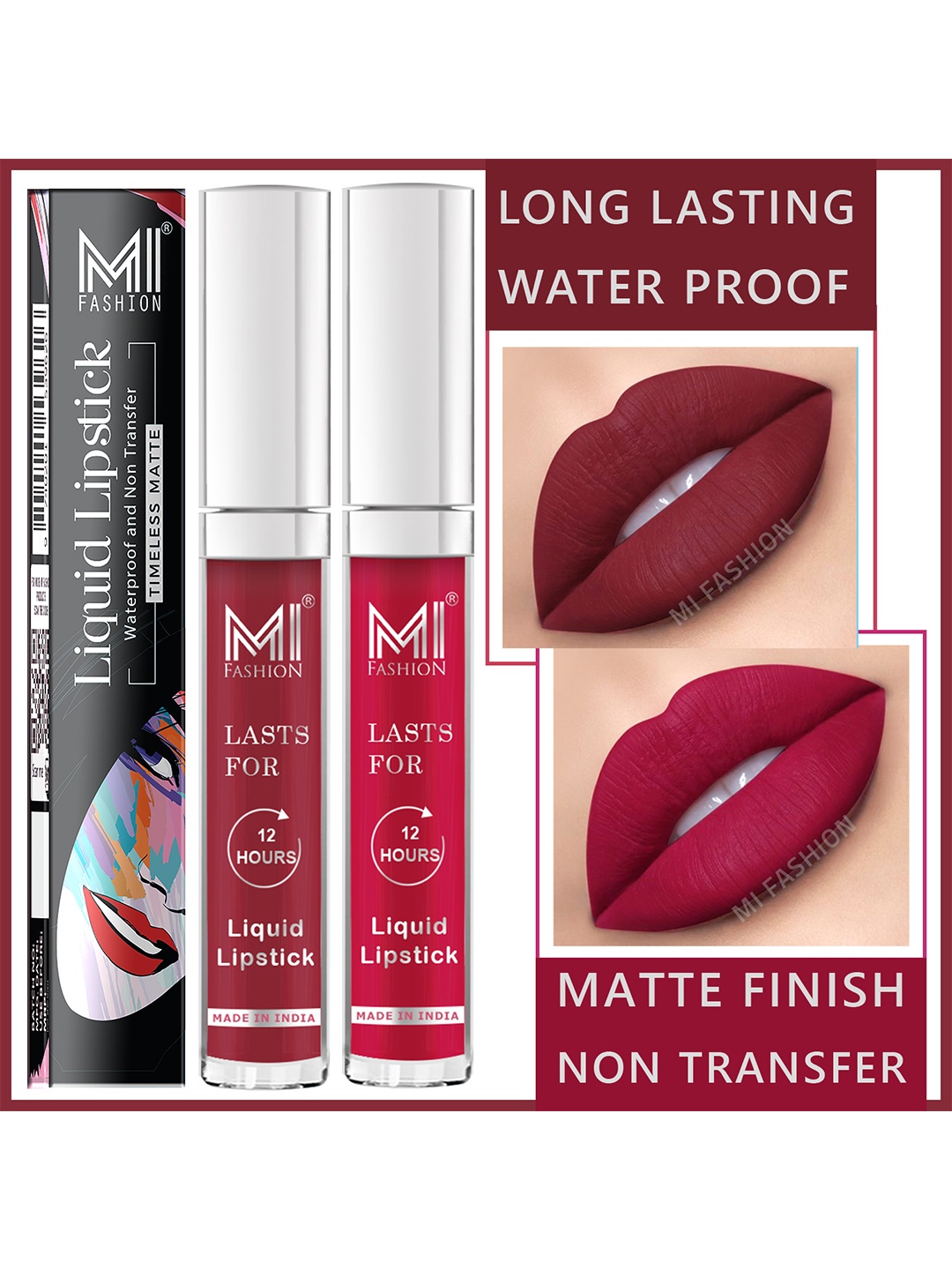 

MI FASHION Set of 2 Smudge Free Matte Finish Moisturize Liquid Lipsticks - Red & Pink