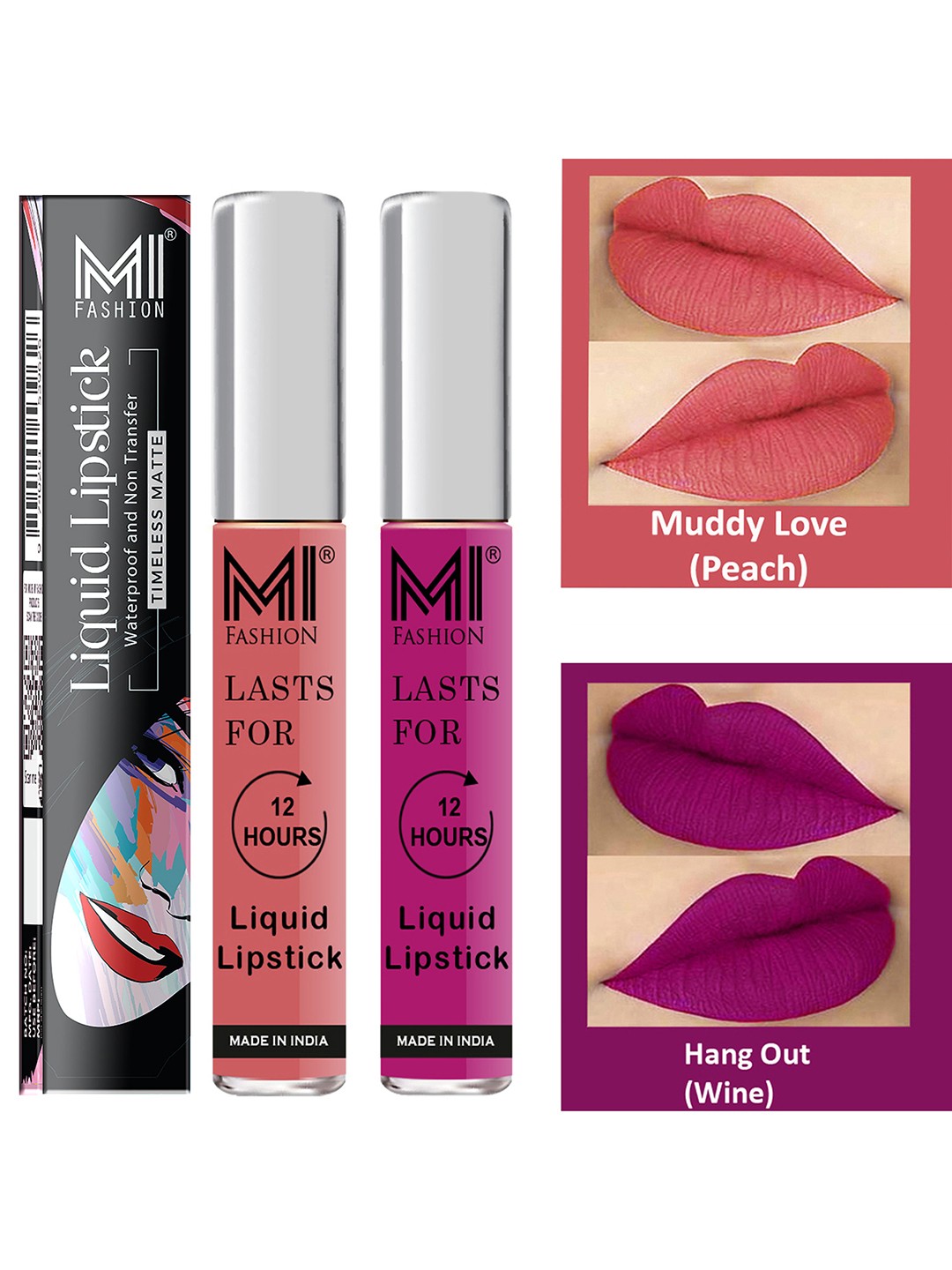 

MI FASHION Set of 2 Smudge Free Matte Finish Moisturizing Liquid Lipstick - Pink & Purple