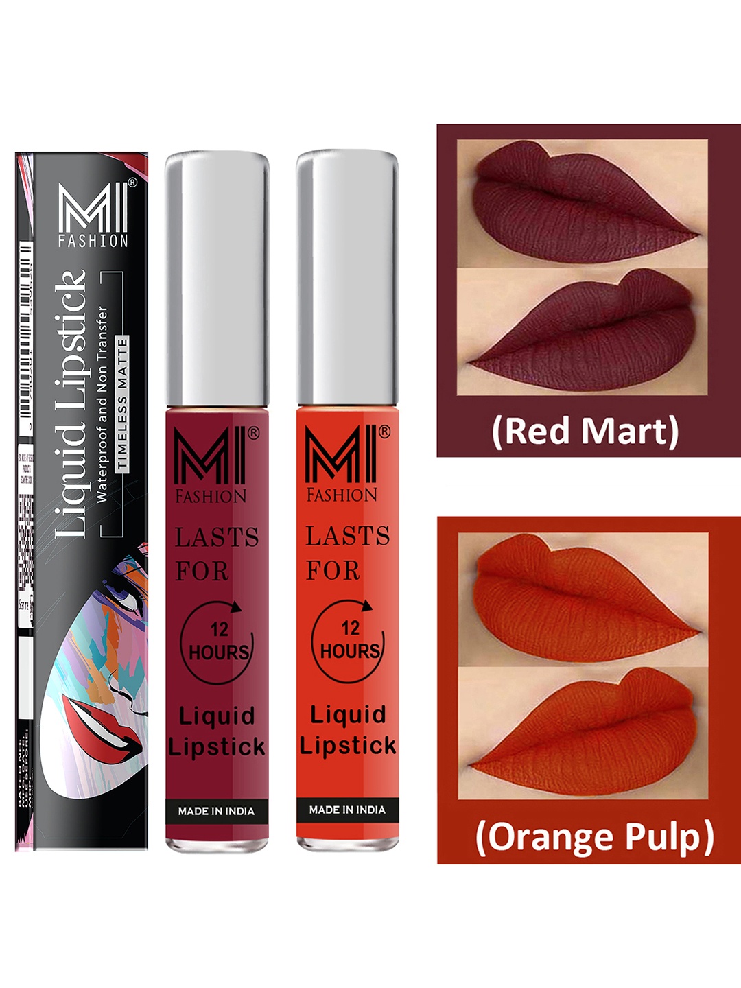 

MI FASHION Set of 2 Smudge Free Matte Finish Moisturizing Liquid Lipstick - Red & Orange