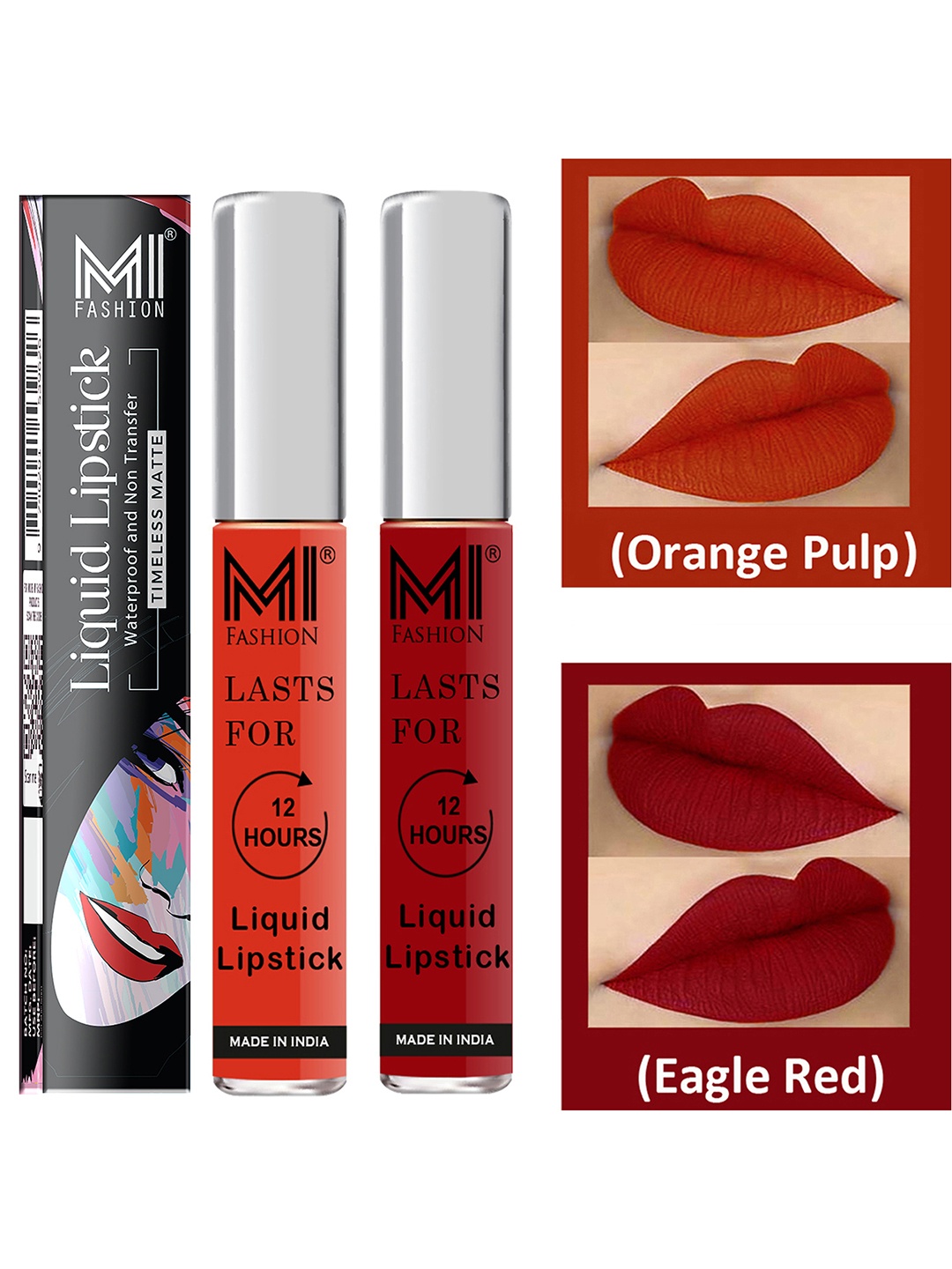 

MI FASHION Set of 2 Smudge Free Matte Finish Moisturizing Liquid Lipstick - Orange & Red