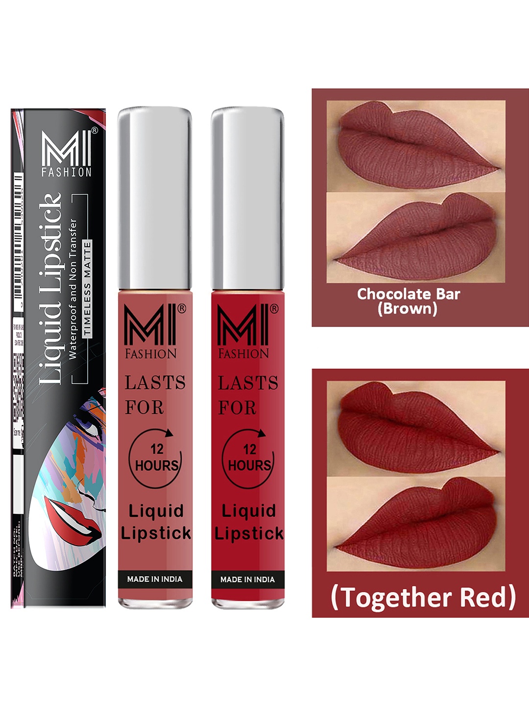 

MI FASHION Set of 2 Smudge Free Matte Finish Moisturizing Liquid Lipstick - Red & Brown