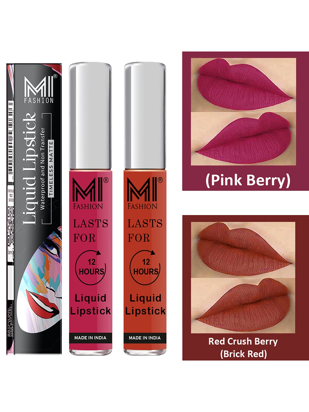 

MI FASHION Set of 2 Smudge Free Matte Finish Moisturizing Liquid Lipstick - Pink & Red, Maroon