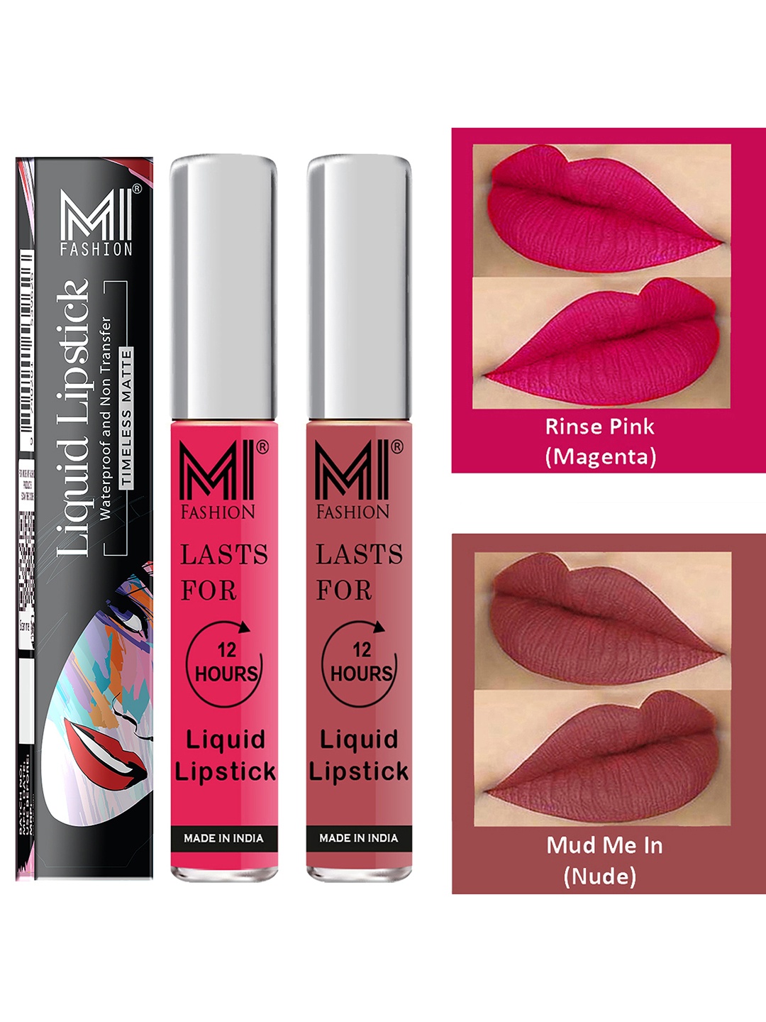 

MI FASHION Set of 2 Smudge Free Matte Finish Moisturizing Liquid Lipsticks - Pink & Nude