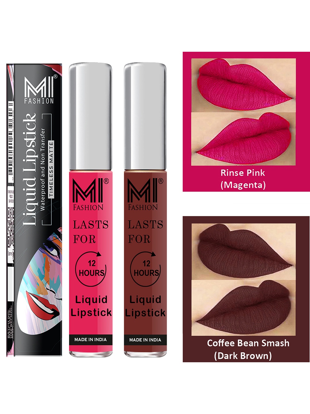 

MI FASHION Set of 2 Smudge Free Matte Finish Moisturizing Liquid Lipstick - Pink & Brown
