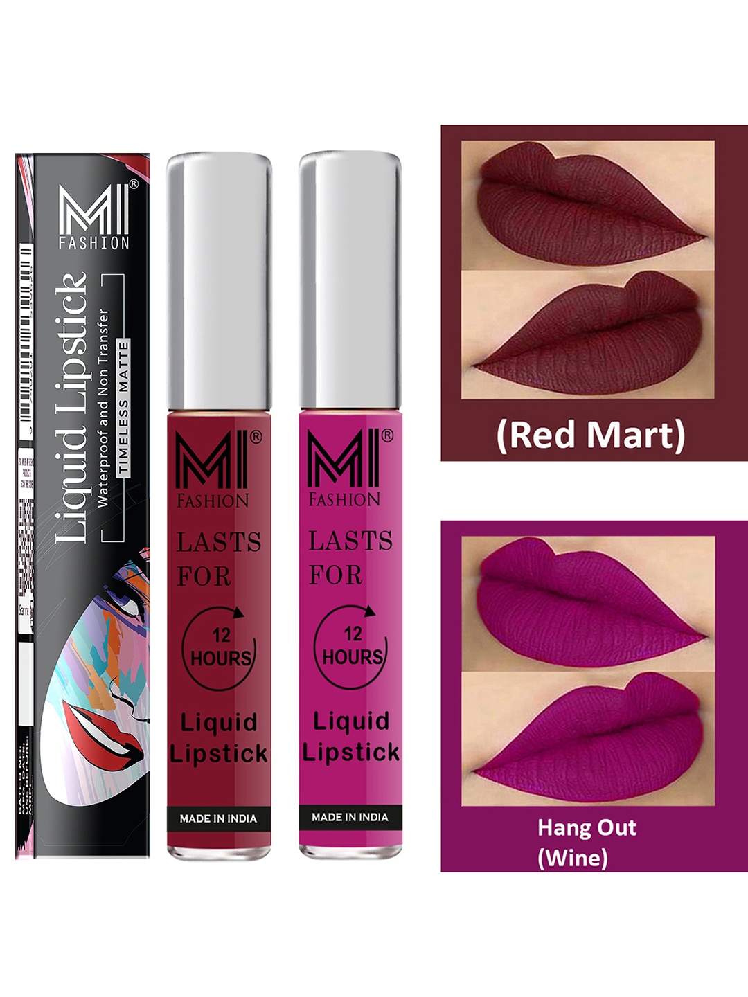 

MI FASHION Set of 2 Smudge Free Matte Finish Moisturizing Liquid Lipstick - Red & Purple