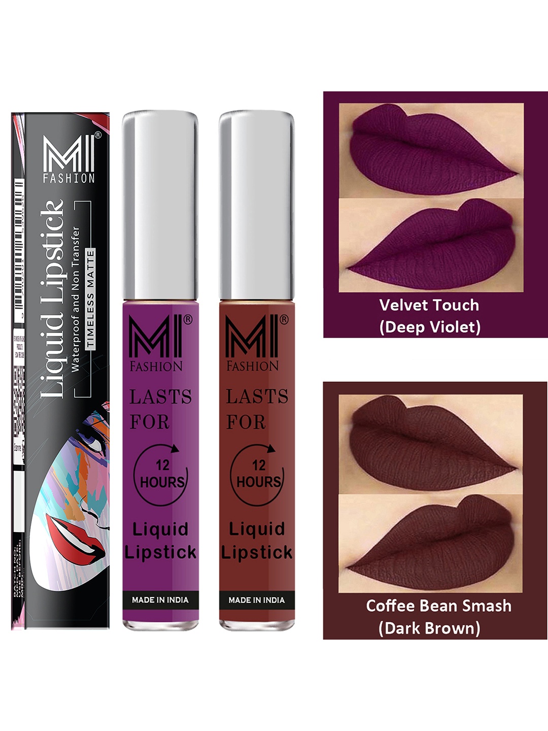 

MI FASHION Set of 2 Smudge Free Matte Finish Moisturizing Liquid Lipstick - Purple & Brown