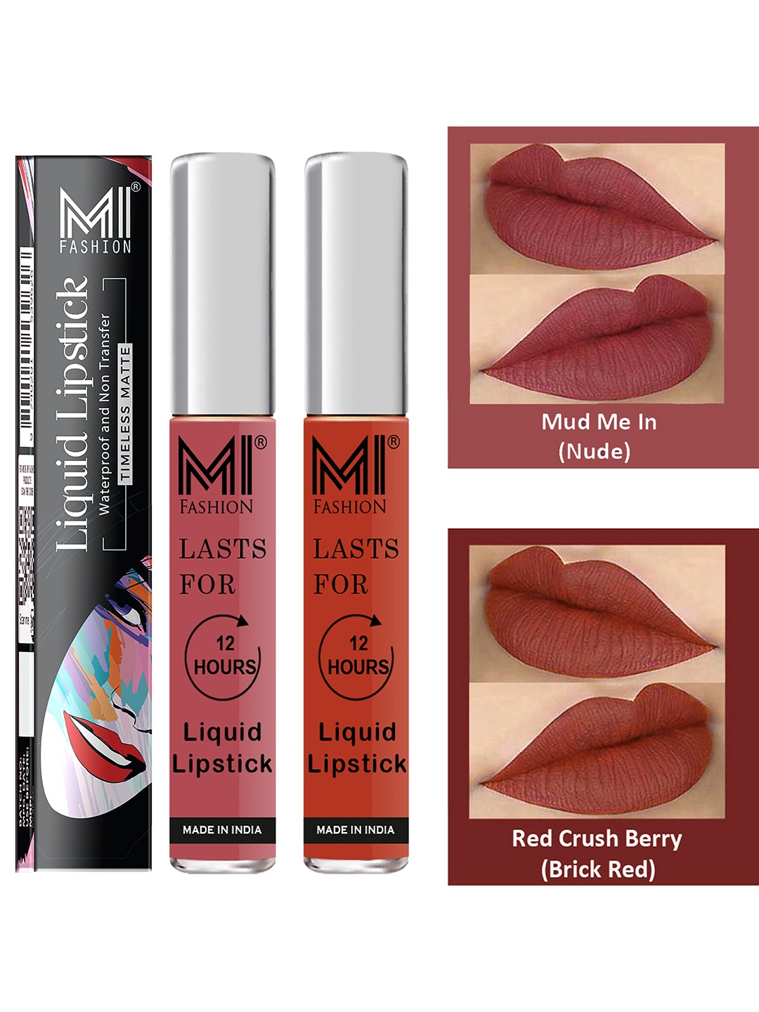 

MI FASHION Set of 2 Smudge Free Matte Finish Moisturizing Liquid Lipsticks - Nude & Red, Maroon