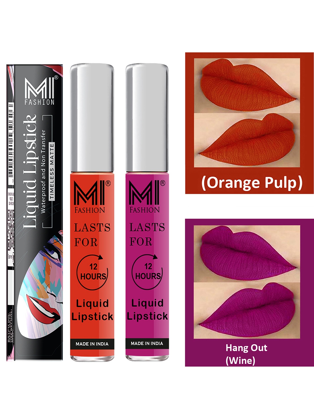 

MI FASHION Set of 2 Smudge Free Matte Finish Moisturizing Liquid Lipsticks-Orange & Purple