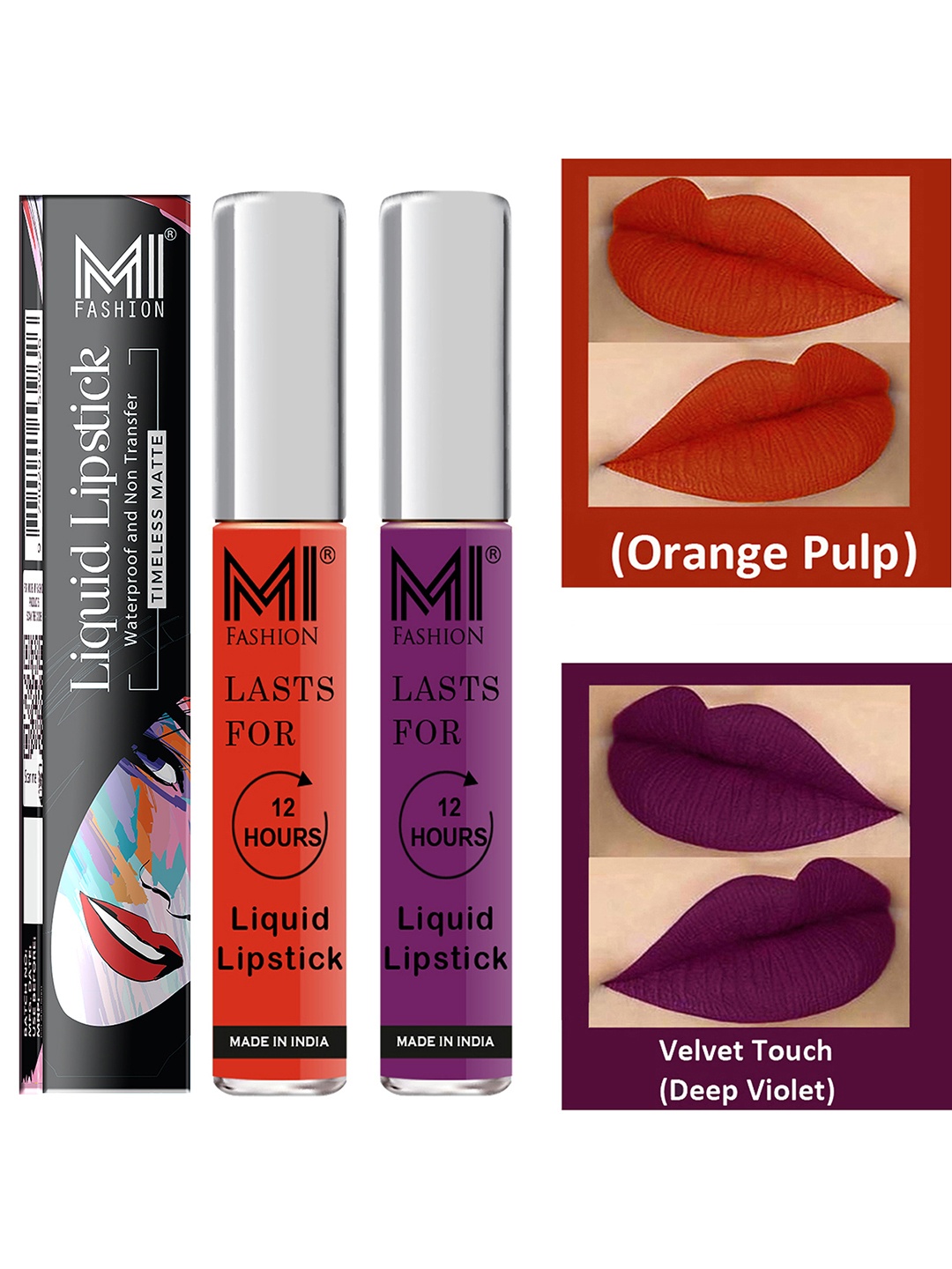 

MI FASHION Set of 2 Smudge Free Matte Finish Moisturizing Liquid Lipsticks-Orange & Purple