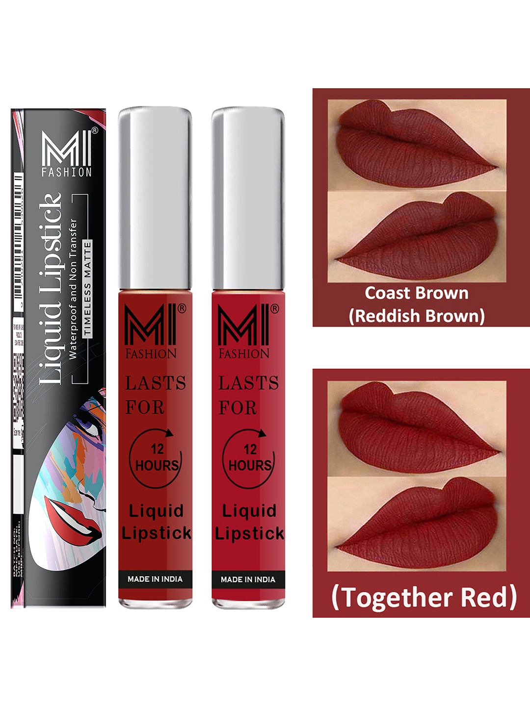 

MI FASHION Set of 2 Smudge Free Matte Finish Moisturizing Liquid Lipsticks - Brown & Red, Maroon