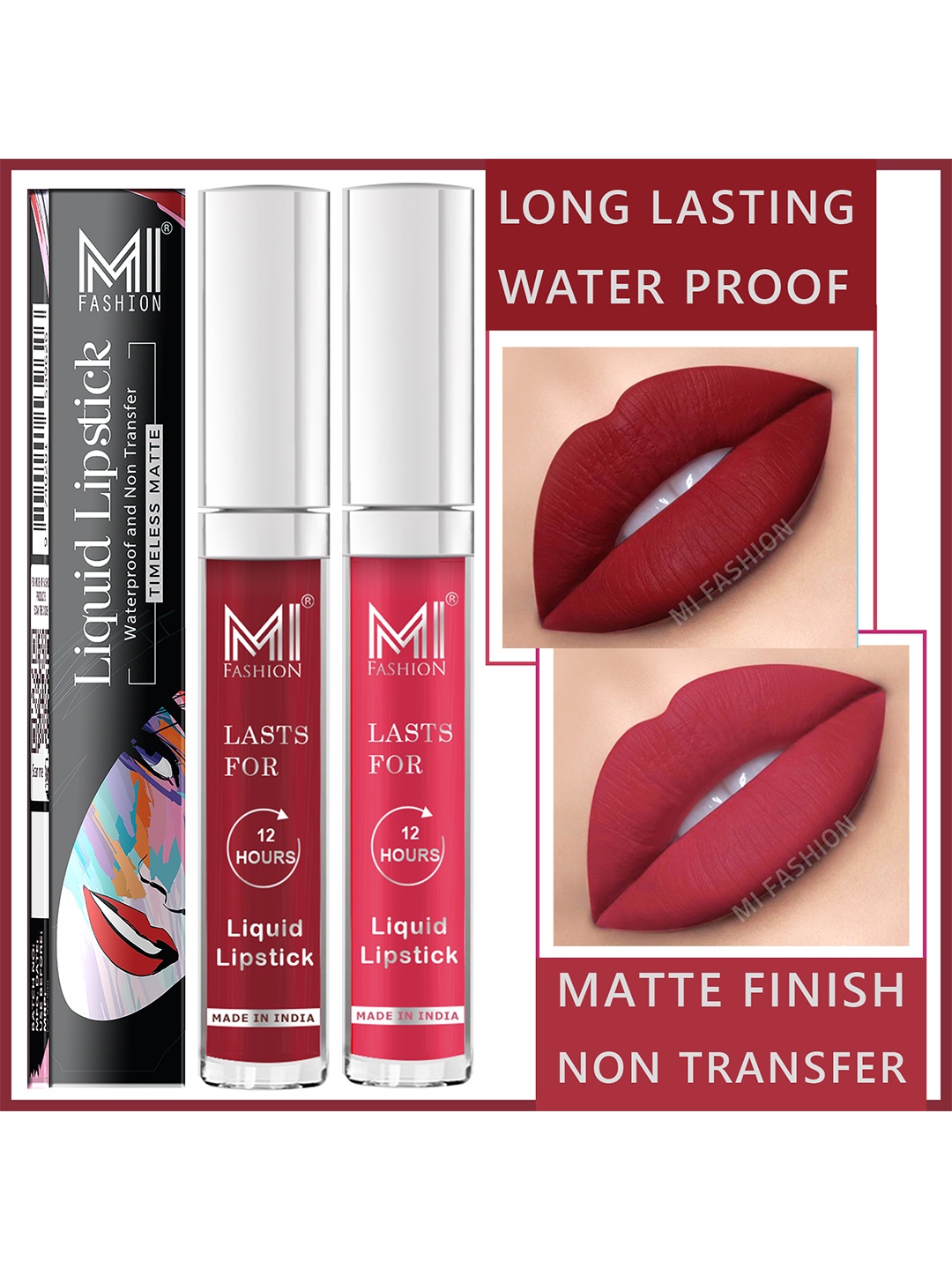 

MI FASHION Set of 2 Smudge Free Matte Finish Moisturizing Liquid Lipsticks - Red & Pink