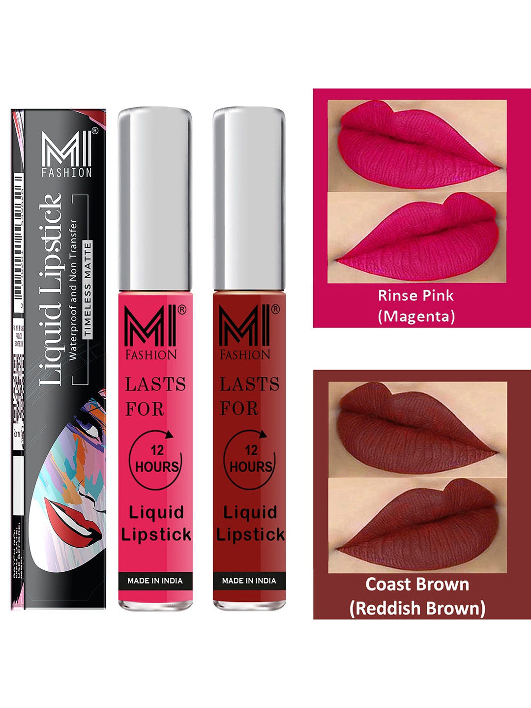 

MI FASHION Set of 2 Smudge Free Matte Finish Moisturizing Liquid Lipsticks - Pink & Brown