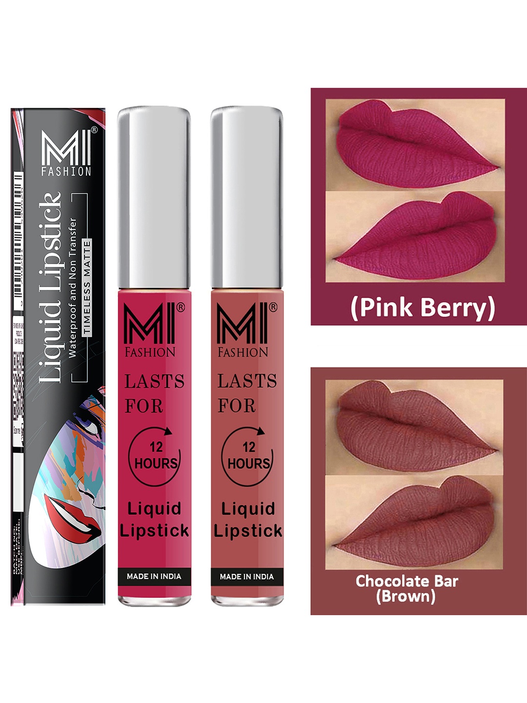 

MI FASHION Set of 2 Smudge Free Matte Finish Moisturizing Liquid Lipsticks - Pink & Brown