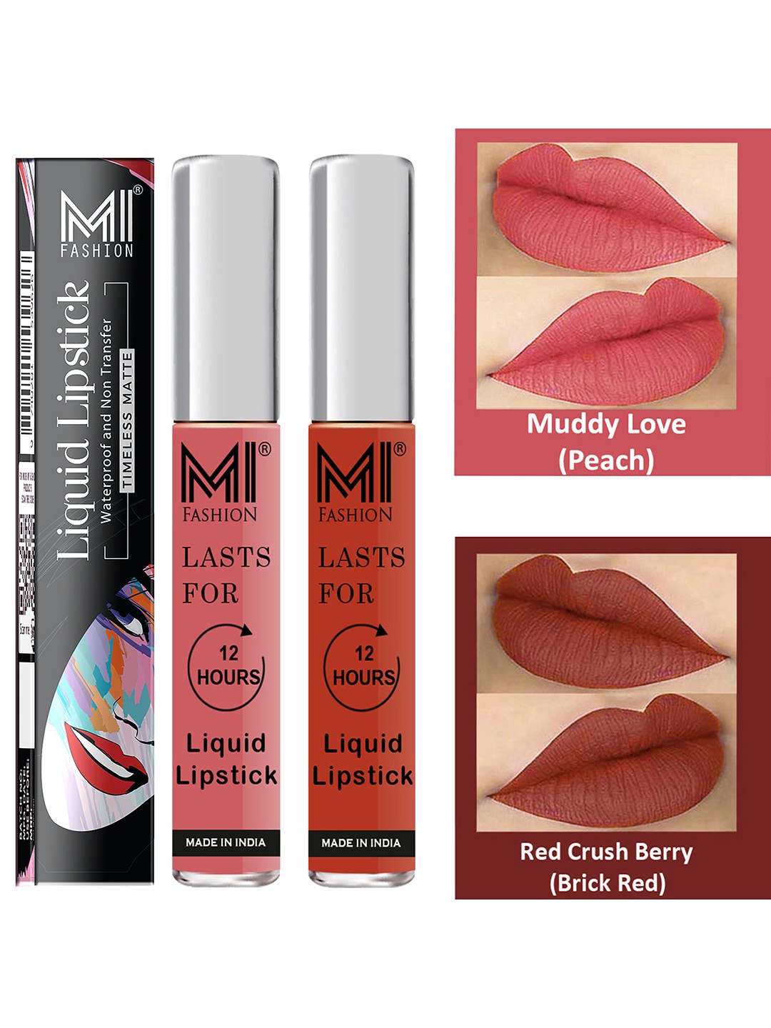 

MI FASHION Set of 2 Smudge Free Matte Finish Moisturizing Liquid Lipsticks - Pink & Red, Maroon