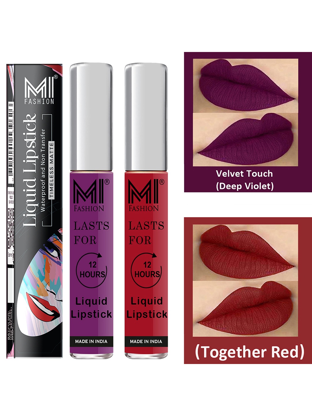 

MI FASHION Set of 2 Smudge Free Matte Finish Moisturizing Liquid Lipsticks - Purple & Red