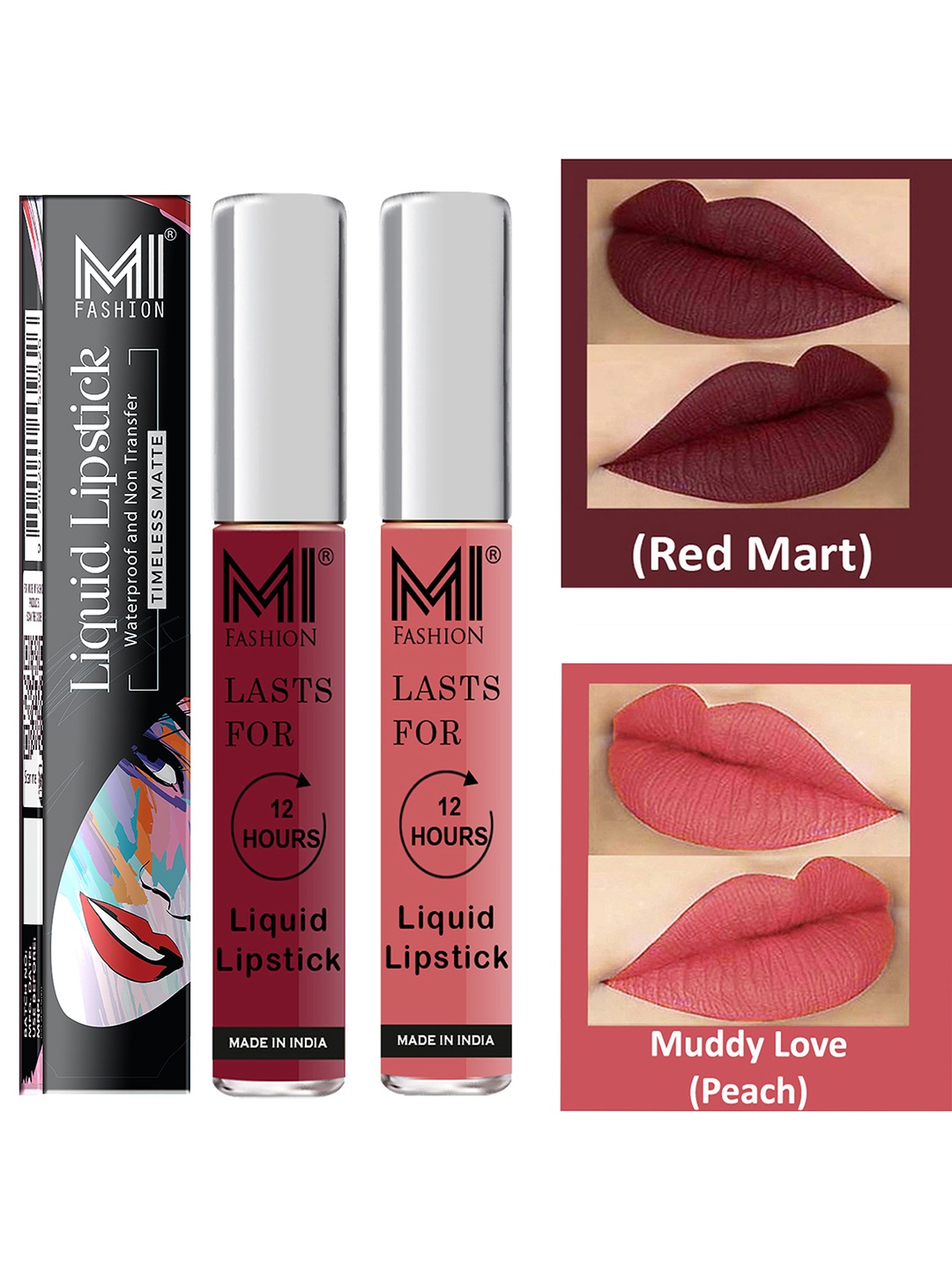 

MI FASHION Set of 2 Smudge Free Matte Finish Moisturizing Liquid Lipstick - Red & Pink