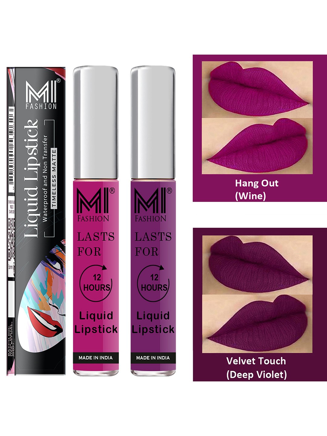 

MI FASHION Set of 2 Smudge Free Matte Finish Moisturizing Liquid Lipstick - Purple