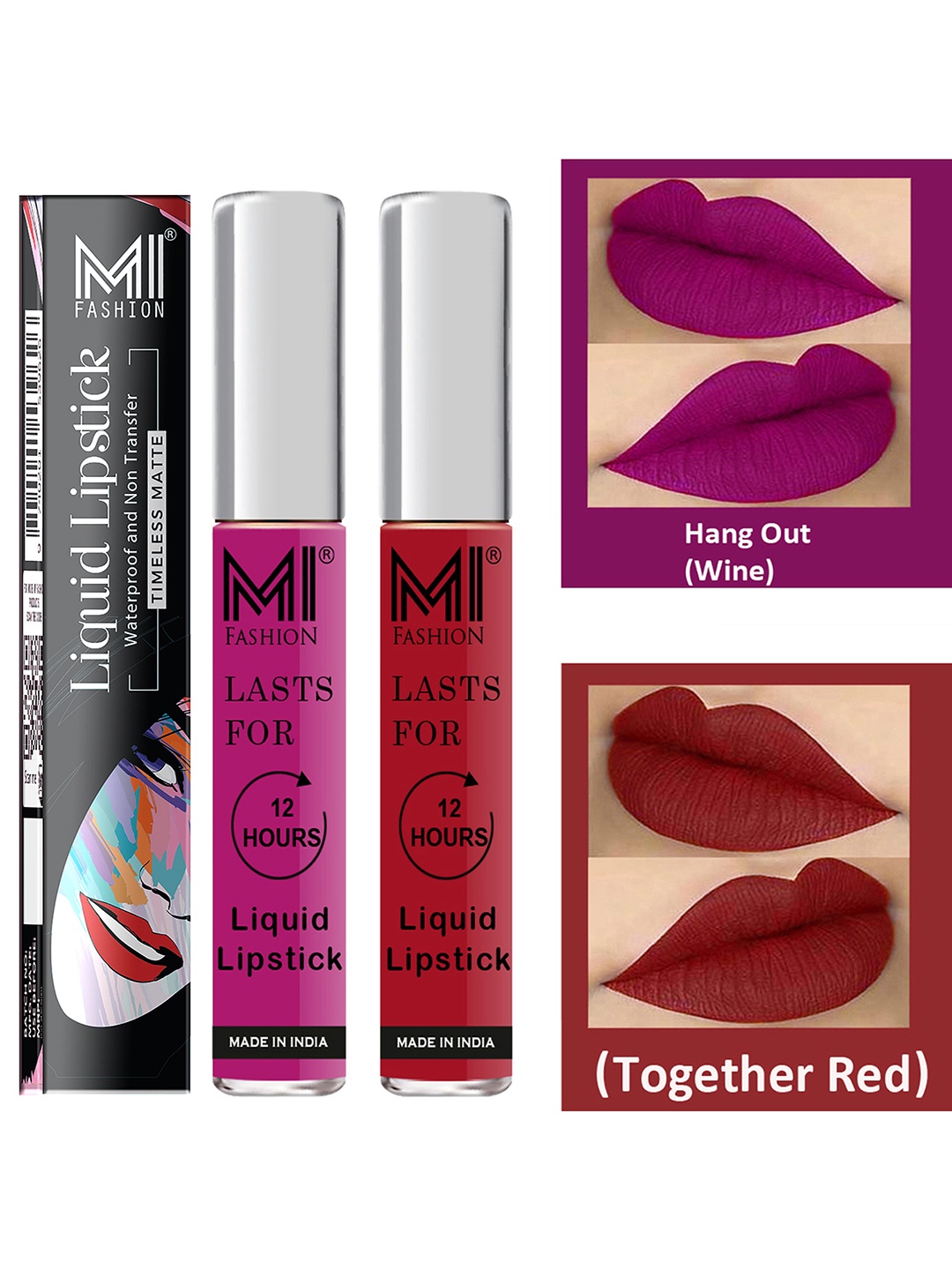 

MI FASHION Set of 2 Smudge Free Matte Finish Moisturizing Liquid Lipstick - Purple & Red