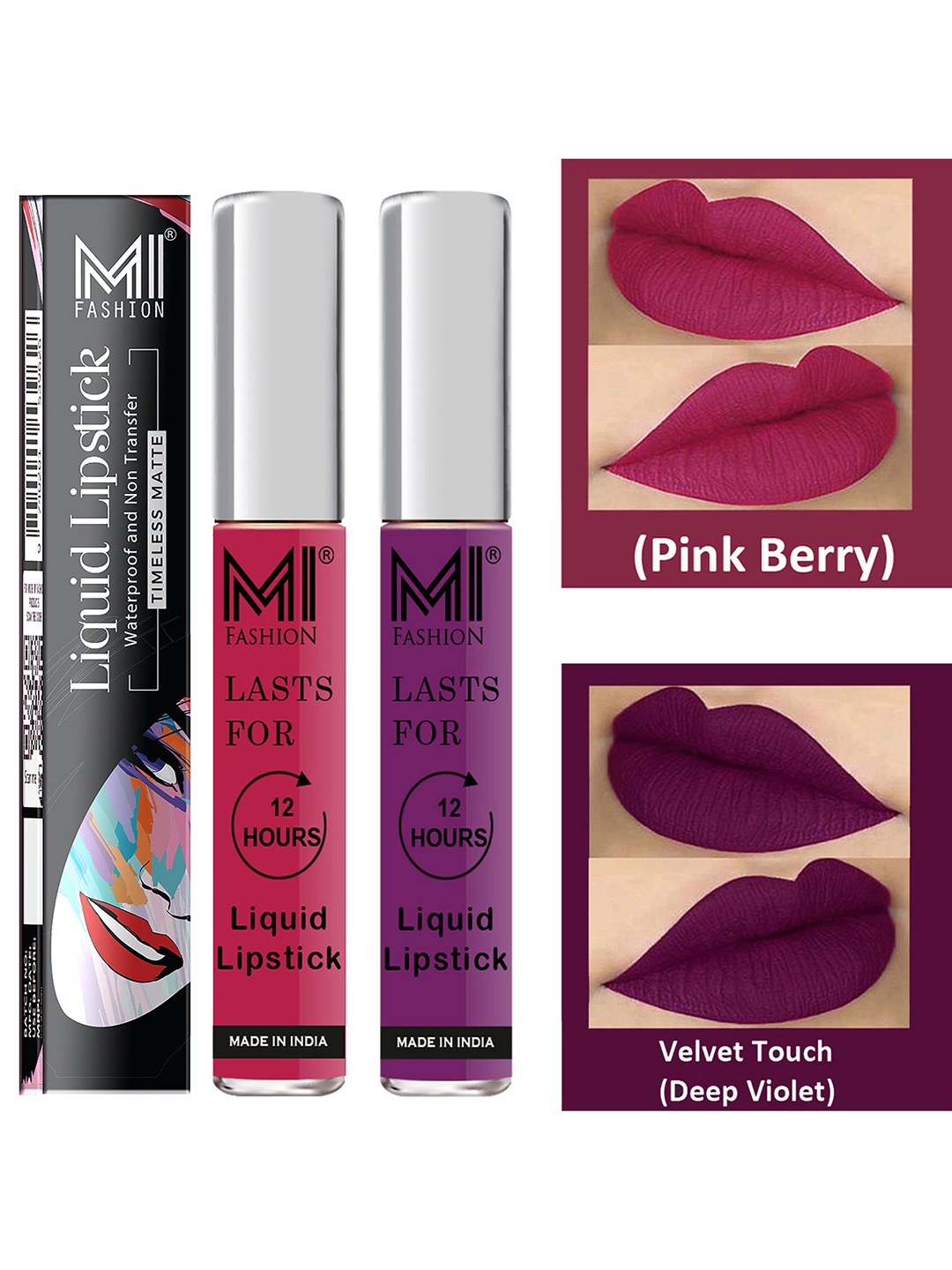 

MI FASHION Set of 2 Smudge Free Matte Finish Moisturizing Liquid Lipstick - Pink & Purple