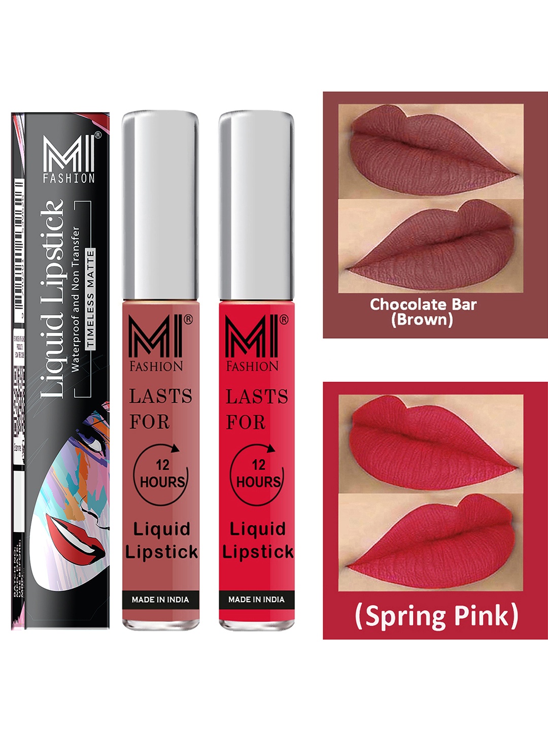 

MI FASHION Set of 2 Smudge Free Matte Finish Moisturizing Liquid Lipstick - Brown & Pink