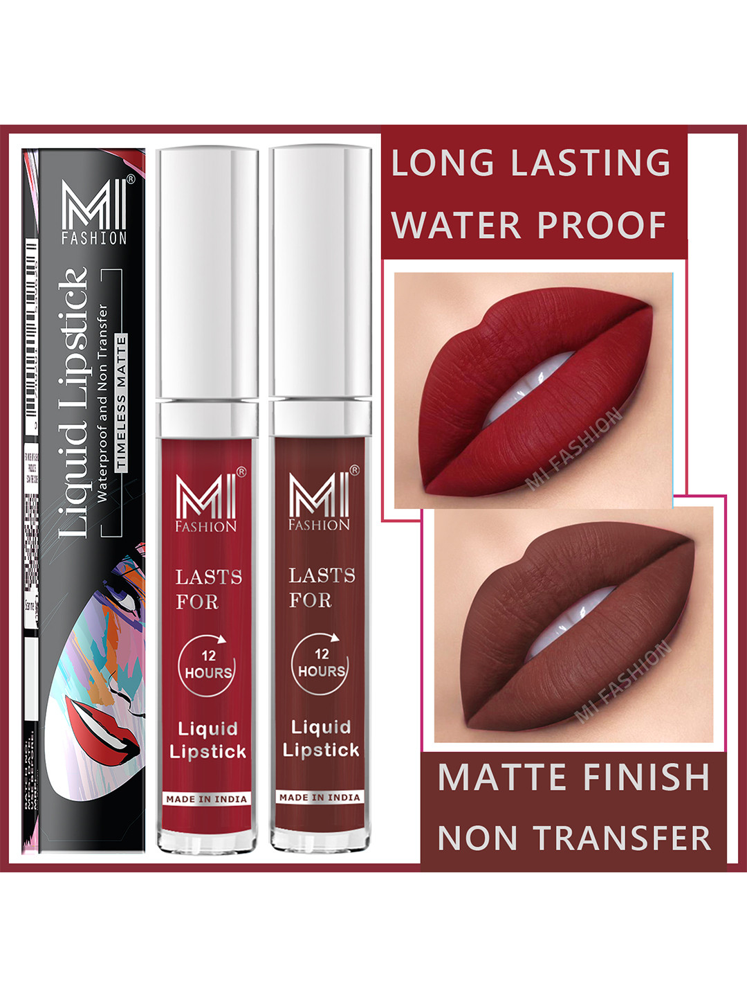 

MI FASHION Set of 2 Smudge Free Matte Finish Moisturizing Liquid Lipstick - Red & Brown