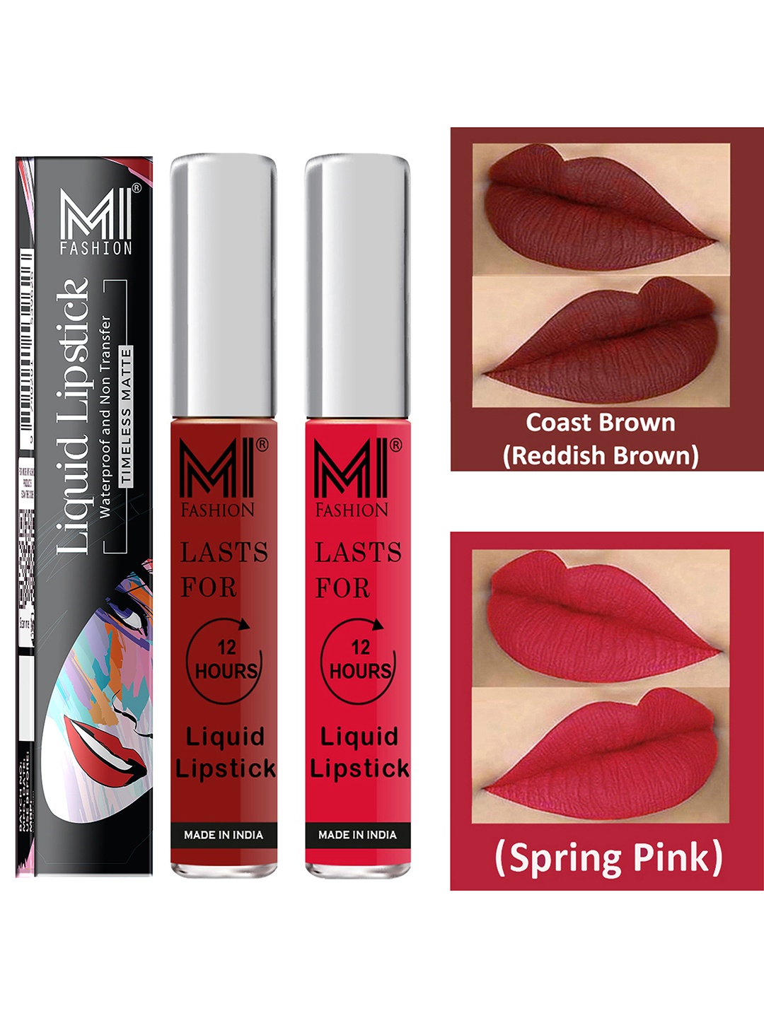 

MI FASHION Set of 2 Smudge Free Matte Finish Moisturizing Liquid Lipstick - Brown & Pink