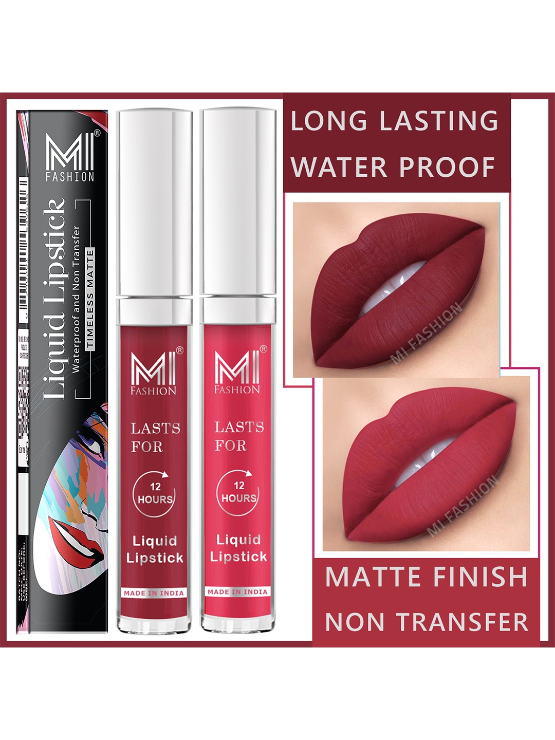 

MI FASHION Set of 2 Smudge Free Matte Finish Moisturizing Liquid Lipstick - Red & Pink
