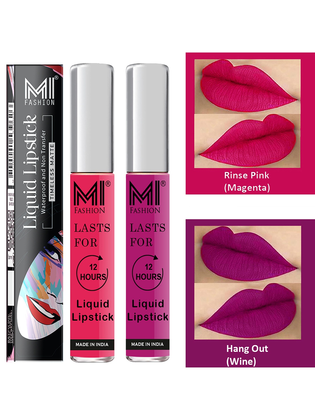 

MI FASHION Set of 2 Smudge Free Matte Finish Moisturizing Liquid Lipstick - Pink & Purple