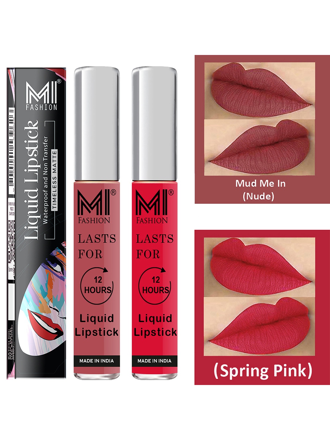 

MI FASHION Set of 2 Smudge Free Matte Finish Moisturizing Liquid Lipstick - Nude & Pink