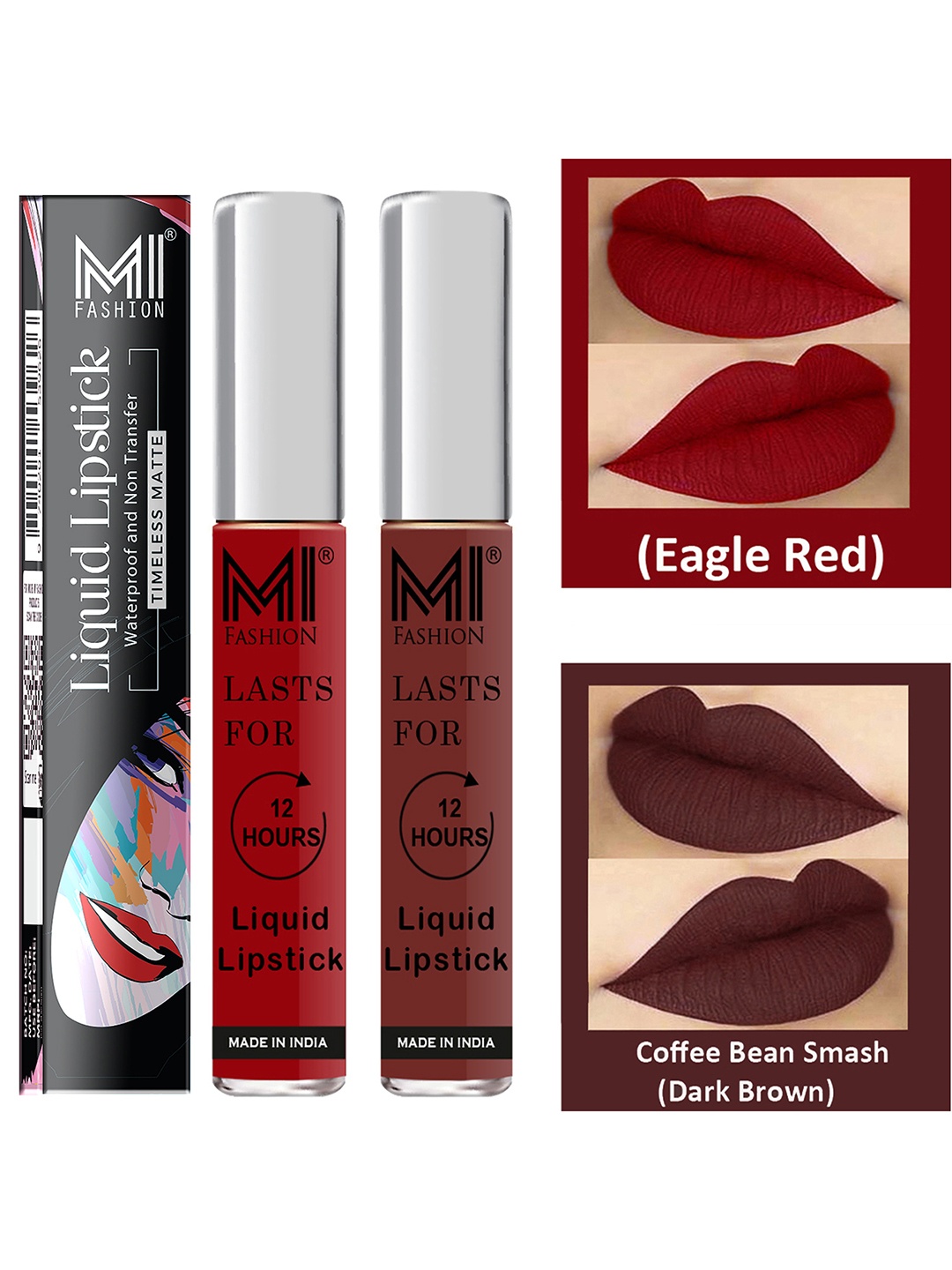 

MI FASHION Set of 2 Smudge Free Matte Finish Moisturizing Liquid Lipstick - Red & Brown
