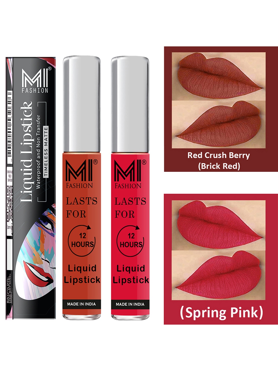 

MI FASHION Set of 2 Smudge Free Matte Finish Moisturizing Liquid Lipsticks - Red & Pink