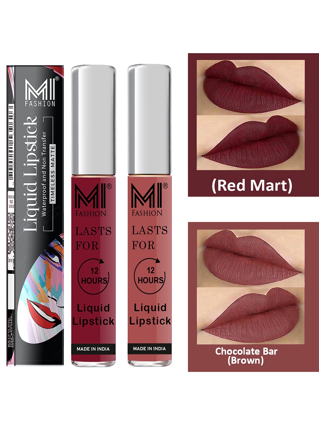 

MI FASHION Set of 2 Smudge Free Matte Finish Moisturizing Liquid Lipsticks - Red & Brown