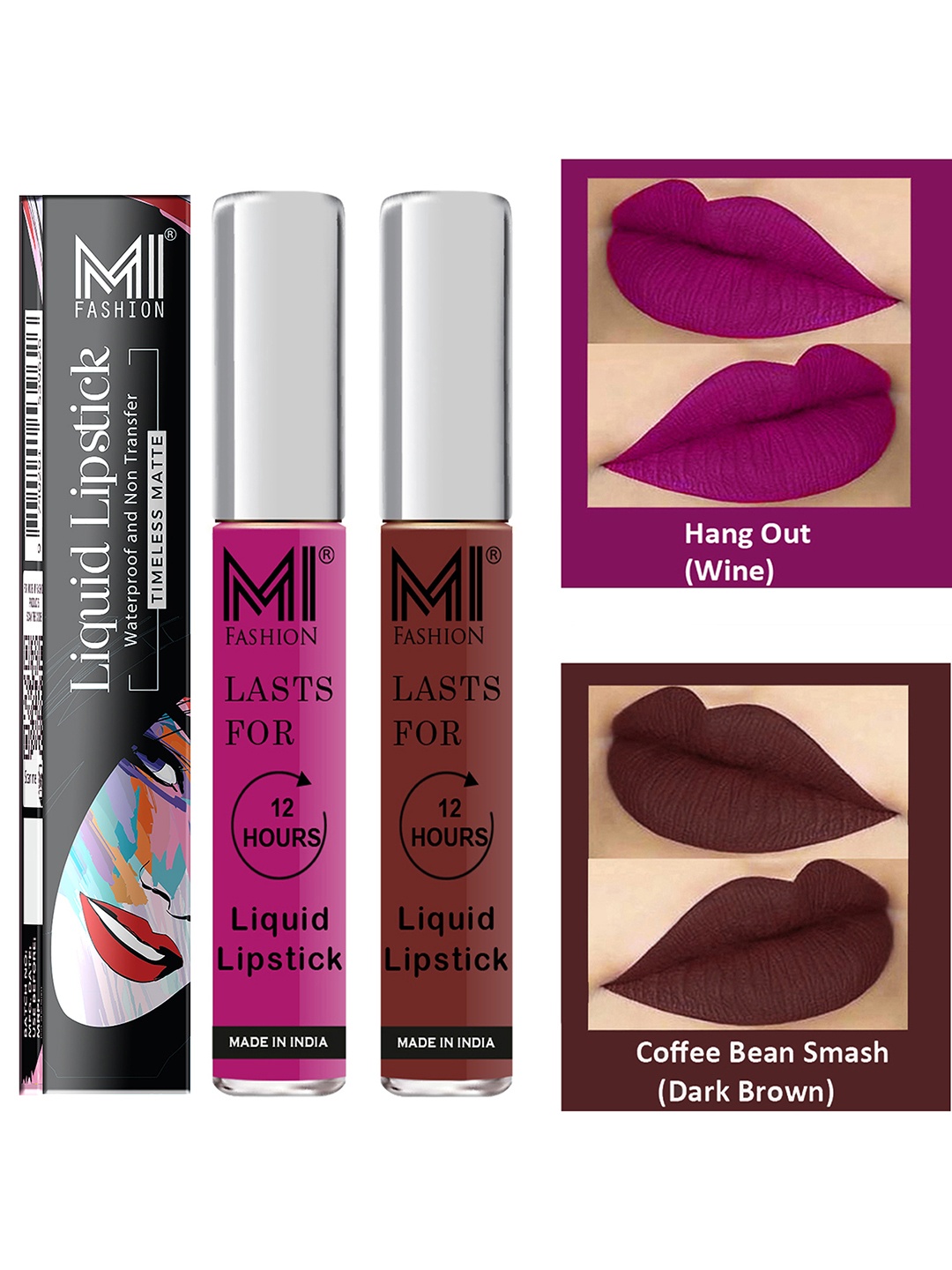 

MI FASHION Set of 2 Smudge Free Matte Finish Moisturizing Liquid Lipsticks- Purple & Brown