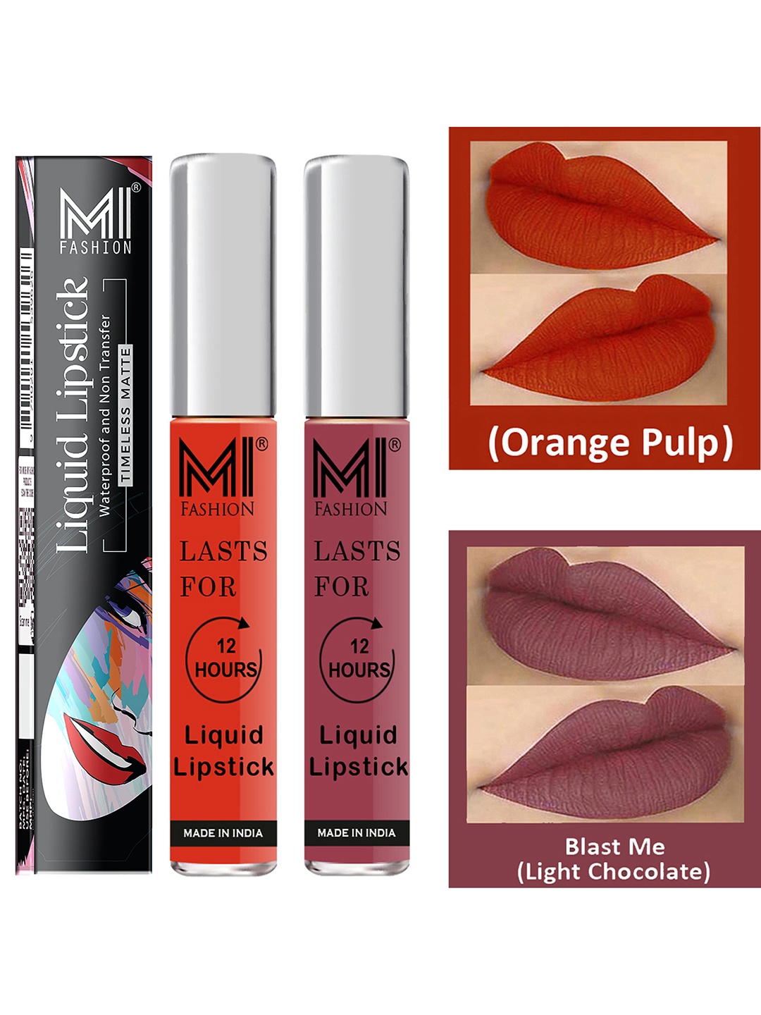 

MI FASHION Set of 2 Smudge Free Matte Finish Moisturizing Liquid Lipsticks - Orange & Nude