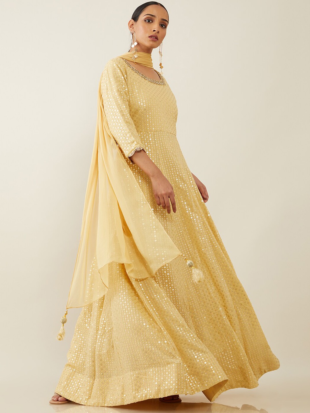 

Soch Women Beige Embroidered Panelled Sequinned Kurta with Salwar & With Dupatta