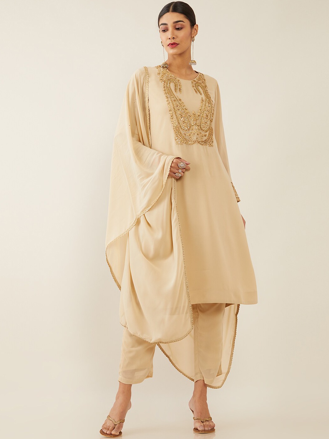 

Soch Women Beige Paisley Embroidered Sequinned Kurta with Trousers & Dupatta