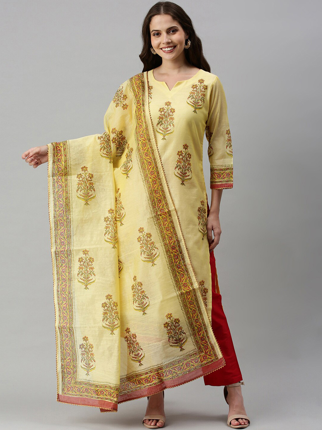 

Soch Women Yellow Floral Embroidered Panelled Gotta Patti Chanderi Silk Kurti with Skirt & With Dupatta